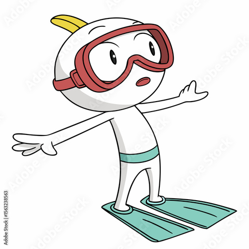 A cheerful cartoon character with diving mask and fins stands isolated on white background, ready for an underwater adventure