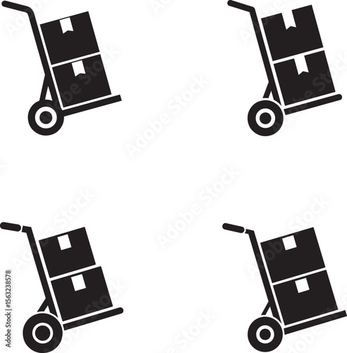 Four black icons of hand trucks loaded with boxes on a white background