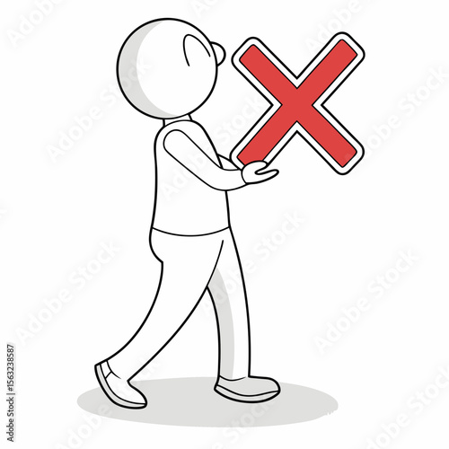 A simple stickman carries a large red cross symbol, isolated on white background, representing error or rejection