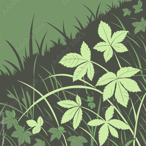 A lush green scene depicts various leaves and blades of grass in a natural, botanical vector illustration