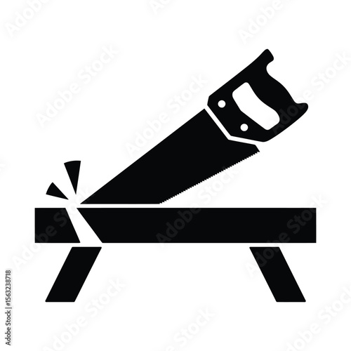 Black silhouette of a hand saw cutting through a wooden plank on white background silhouette isolated on white background