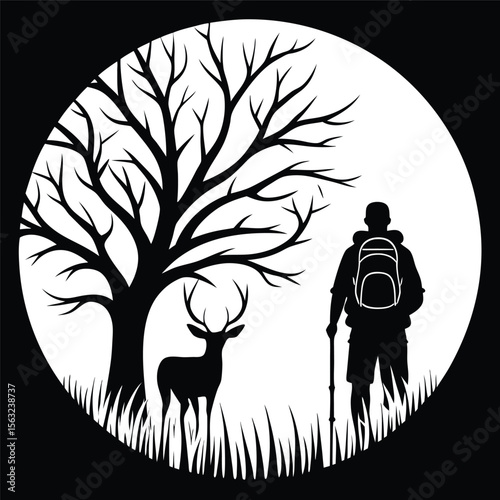 Hiker silhouette deer tree nature outdoors