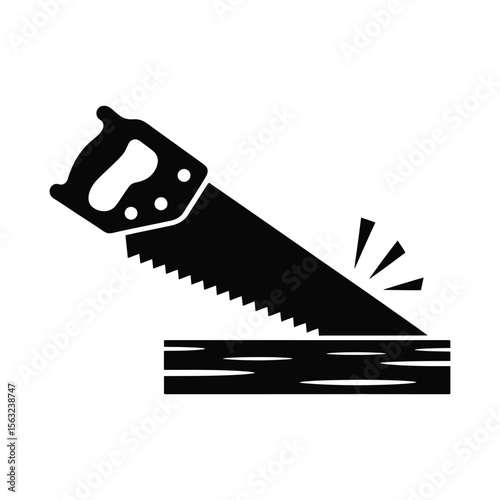 Black silhouette of a hand saw cutting wood isolated on white background silhouette