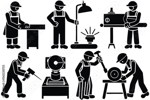 Black silhouettes of workers performing various manual labor tasks construction industry