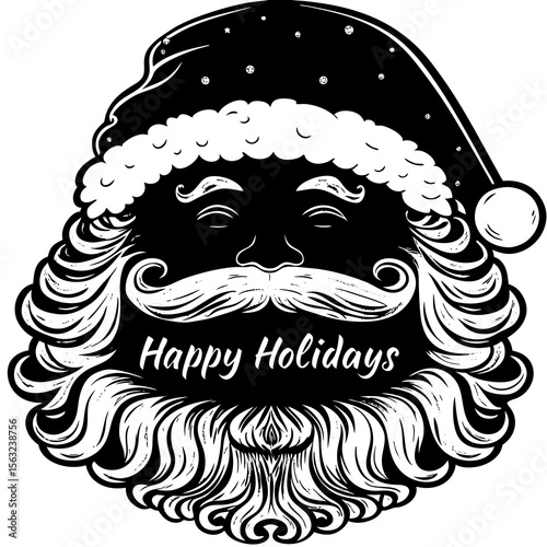 A black and white illustration of santa claus with a fluffy beard and hat, wishing everyone happy holidays