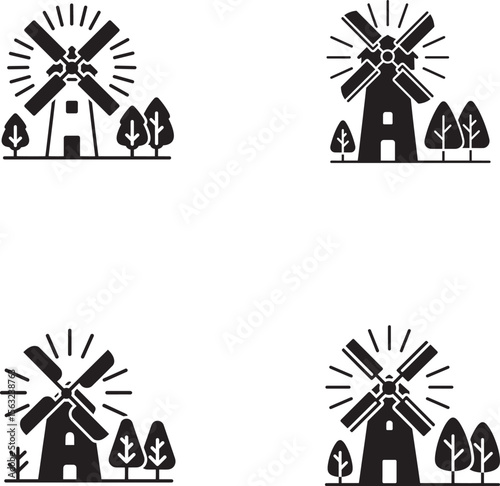 Four simple black silhouette icons of windmills with trees on white background