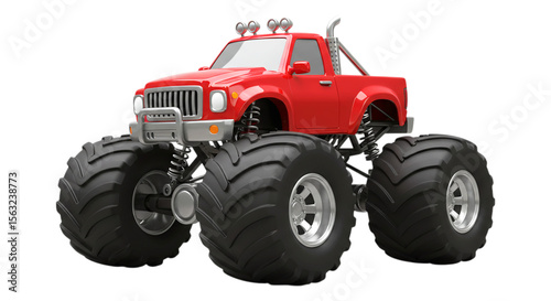Red Monster Truck Dominance: A powerful red monster truck with colossal tires dominates the frame, epitomizing strength, ruggedness, and the spirit of off-road adventures. 