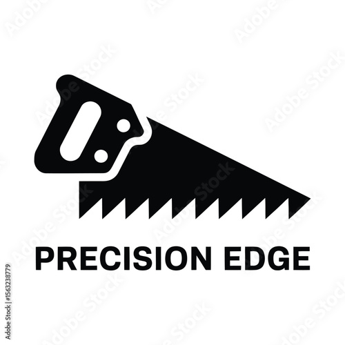 Black silhouette of a hand saw with sharp teeth and the words precision edge isolated on white background silhouette