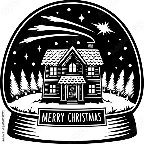 A black and white illustration of a snow globe with a house and trees inside, wishing everyone a merry christmas