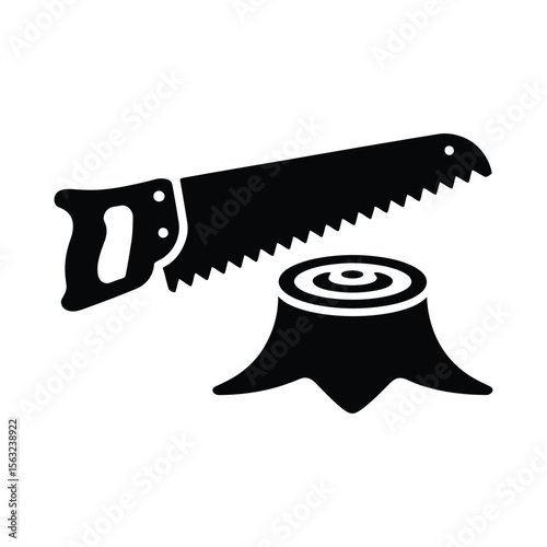Hand saw cutting a tree stump silhouette isolated on white background