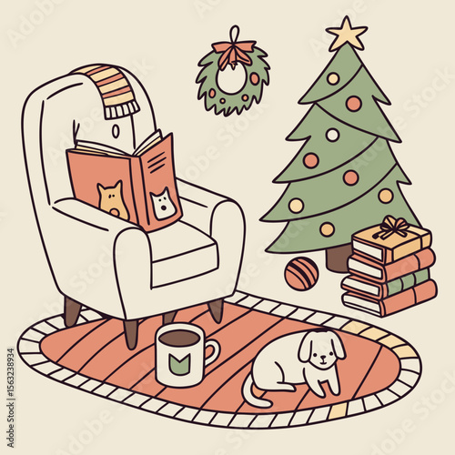 A cozy christmas scene with a dog lying on a rug near a chair with a book, a christmas tree, and a wreath hanging on the wall