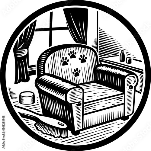A black and white illustration of a chair with paw prints in a room with a window, table, and cleaning brush