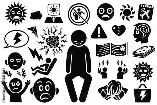 Sad suns and distressed figures with lightning bolts and warning signs black and white illustration