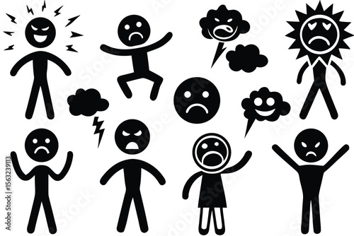 Black stick figures expressing emotions with lightning and clouds angry happy