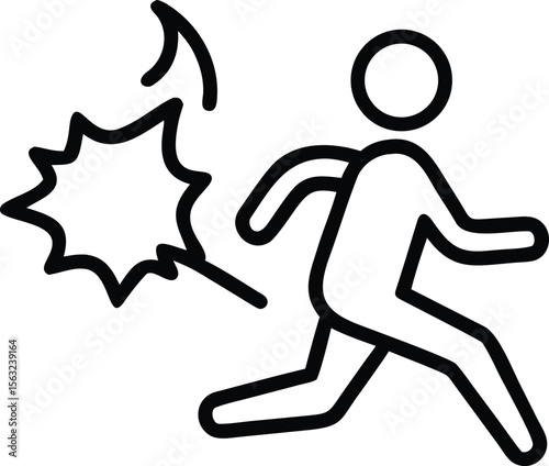Running stick figure escaping explosion outline illustration for design projects