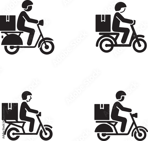 Delivery person riding scooter with package icon set