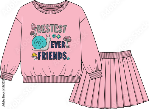 Cute pink kids sweatshirt and skirt set, cartoon snail and mushroom print, pleated skirt, cozy outfit design, flat fashion sketch, children’s wear template.