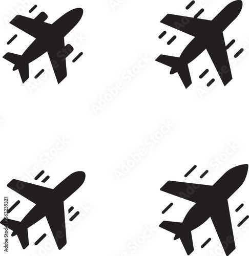 Four black airplane icons in a grid on a white background