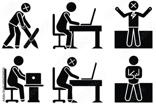 Stick figures working with laptops and experiencing distress icons black and white