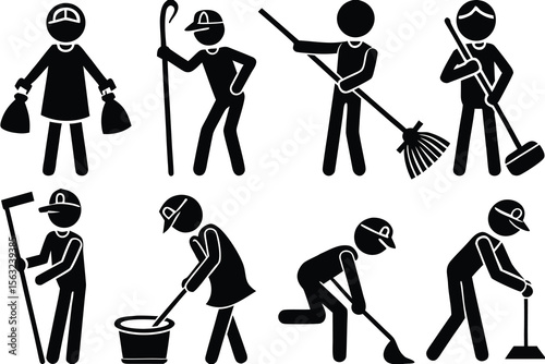 Black and white stick figures performing various cleaning tasks sweeping mopping