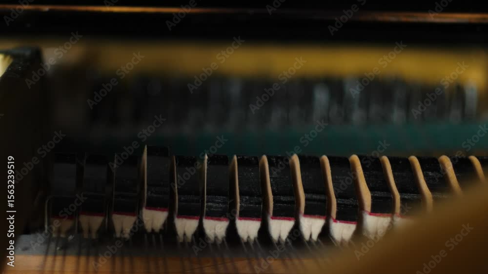 Moving Keyboard Instrument close up of the dampers in a grand piano moving up and down the strings ...
