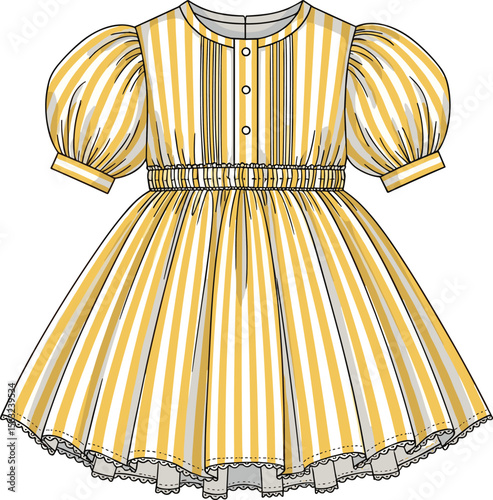 Cute striped puff sleeve baby dress with gathered waist, front button detail, lace hem, flat fashion sketch for kids clothing, vintage toddler dress design.