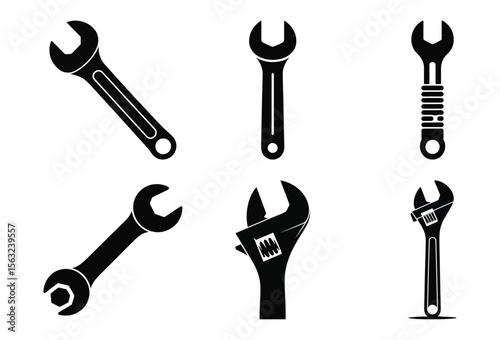 Collection of six different wrench silhouettes isolated on white background