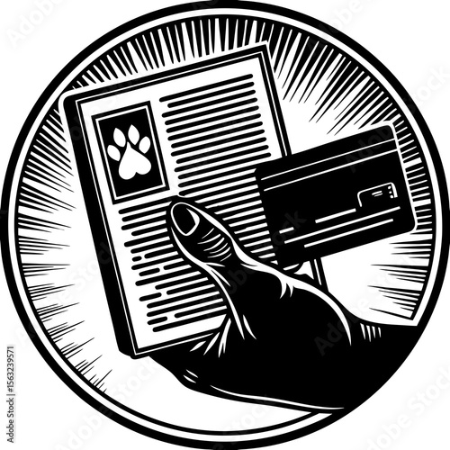 A hand holds a credit card and a document with a paw print, representing payment for pet services in a graphic illustration