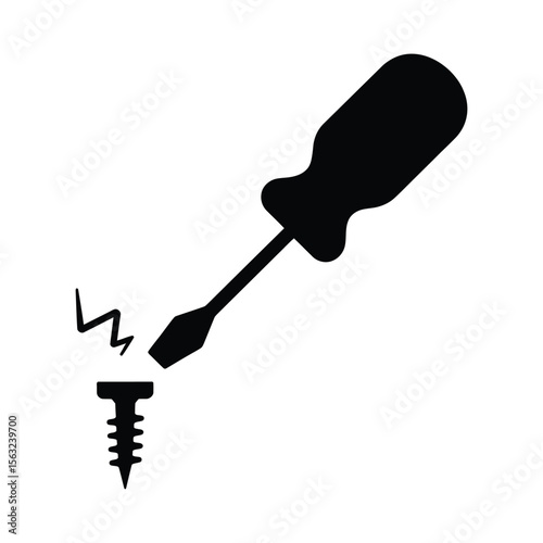 Black silhouette of a screwdriver tightening a screw isolated on white background silhouette