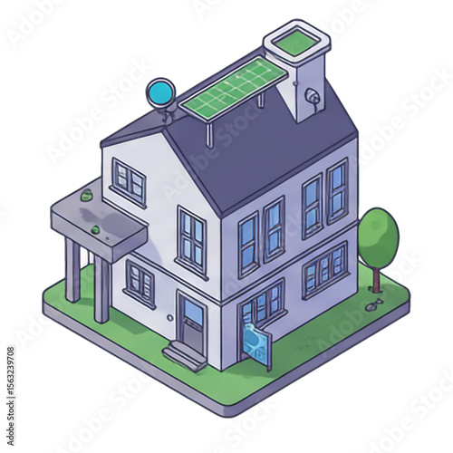 Isometric illustration of a modern house with solar panels, satellite dish, and a small tree.
