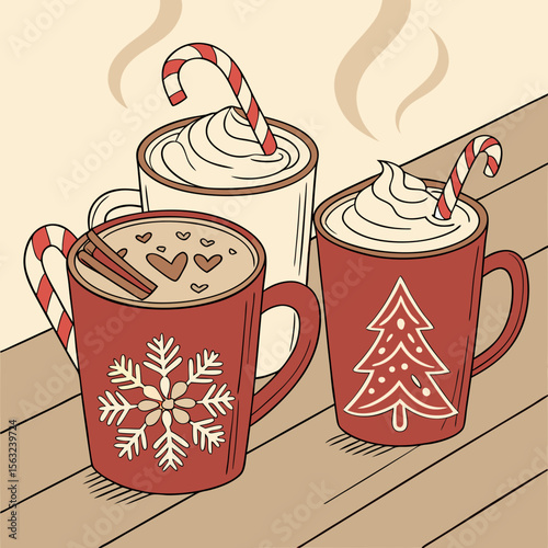Three mugs of hot cocoa with whipped cream and candy canes, adorned with festive christmas designs, sitting on a wooden table