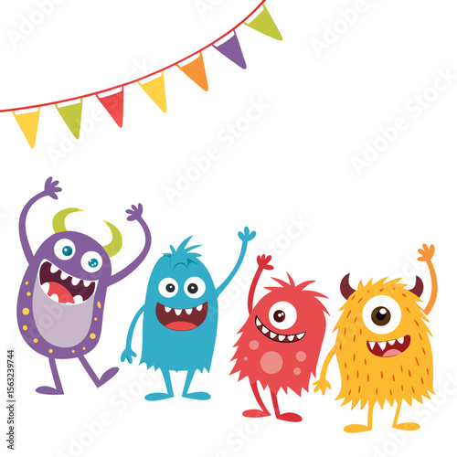 A group of cute and colorful cartoon monsters celebrating under a string of triangular party flags, isolated on white background