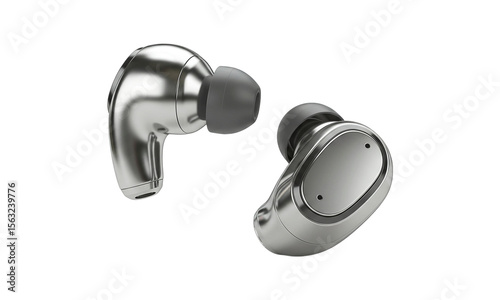 Wireless Earbuds: Sleek, metallic wireless earbuds isolated, a testament to modern audio technology and the fusion of style and functionality. A perfect representation of the latest innovation.