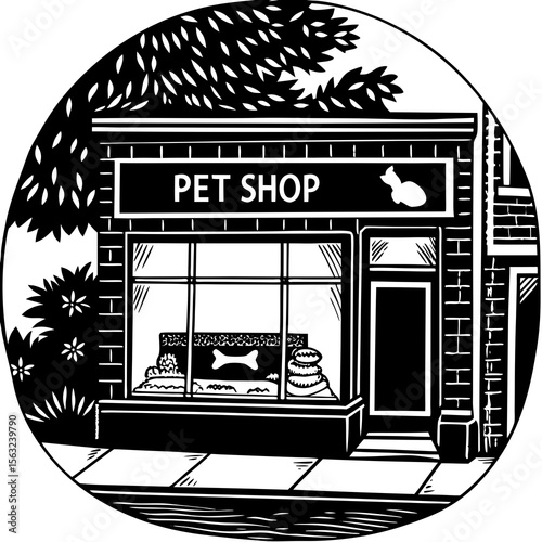 A pet shop exterior features a window display with a bone, inviting customers to purchase supplies for their domestic animals