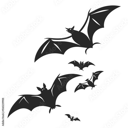 A group of bats in silhouette soar through the night sky, evoking a sense of halloween and the mystery of nocturnal creatures isolated on white background