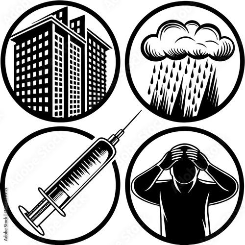 A collage depicts anxiety, stress, depression, and the need for medical intervention in a black and white vector illustration