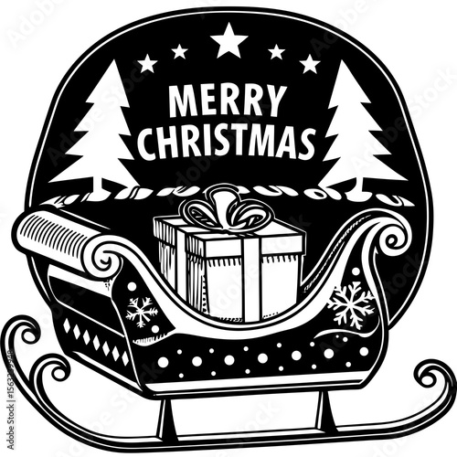 A festive christmas scene features a sleigh carrying a gift, surrounded by trees and stars, in a black and white vector illustration