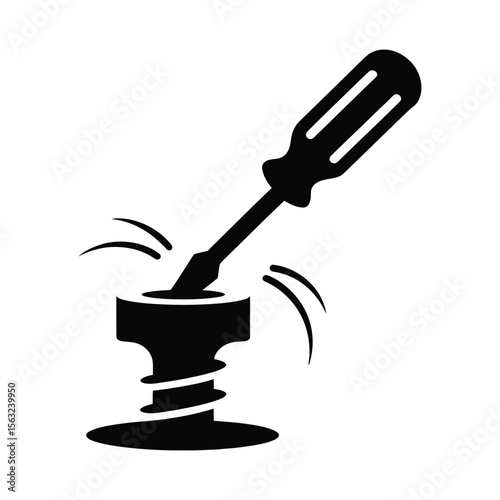 Screwdriver turning a screw in a bolt silhouette isolated on white background