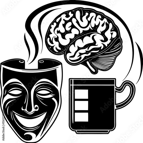 A black and white illustration shows a brain, a theatrical mask, and a steaming cup of coffee, representing intellect, emotion, and stimulation