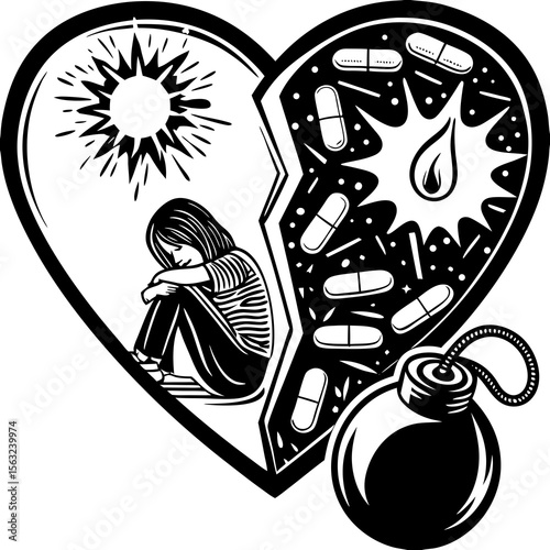 A black and white illustration depicts a broken heart containing a sad figure and pills, with a bomb nearby, symbolizing emotional pain and depression