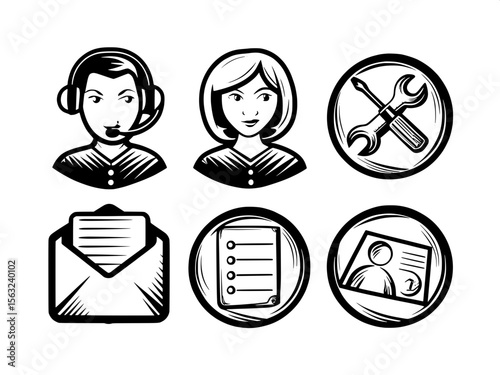 "Editable stroke vector icons representing support and assistance services: headset operator, support tools, customer request form, open envelope, troubleshooting, and satisfaction survey icons."