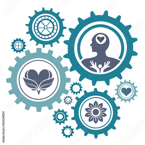 An abstract design featuring gears, cogs, and symbolic icons represents technology, innovation, and the human mind
