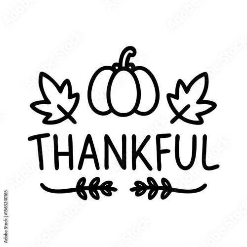 A minimalist line drawing of a pumpkin and leaves with the word thankful isolated on white background conveys the spirit of autumn