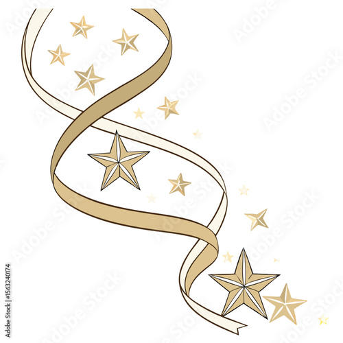 Golden stars and a swirling ribbon create an elegant festive design, isolated on white background