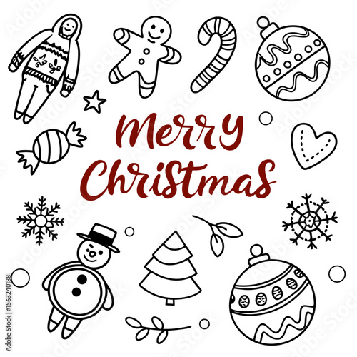 A festive collection of christmas doodles featuring a snowman, gingerbread man, ornaments, and the words merry christmas isolated on white background