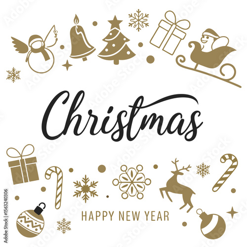 A festive christmas illustration with holiday decorations and new year elements on a white background