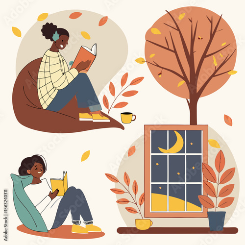 A cozy autumn scene with women reading books indoors near a window with a moonlit night view and falling leaves