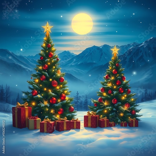 Magical Christmas Eve: Two snow-covered trees, gifts, moonlit mountains.