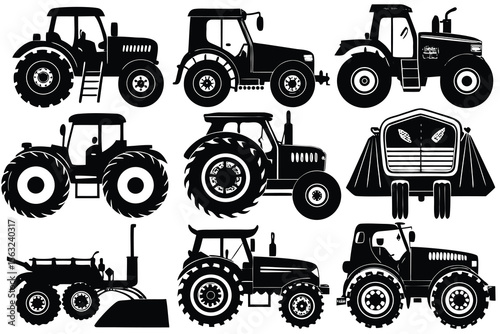 Black and white silhouette illustrations of agricultural vehicles tractor farm equipment