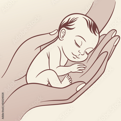 A tender illustration of a newborn baby sleeping peacefully in the protective hands of a loving caregiver